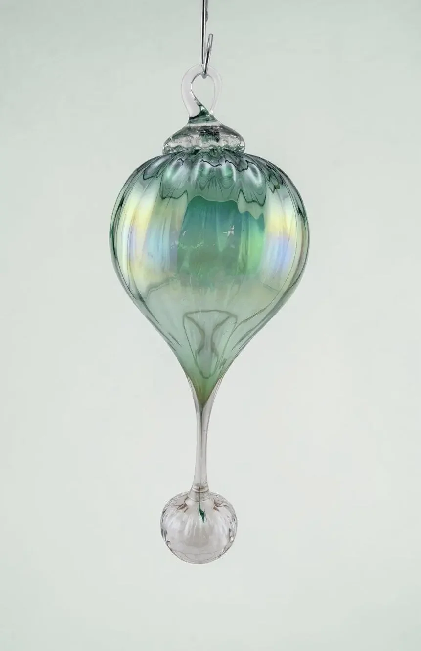 Iridescent Hand Blown Green Glass Finial Teardrop Ornament 5.5